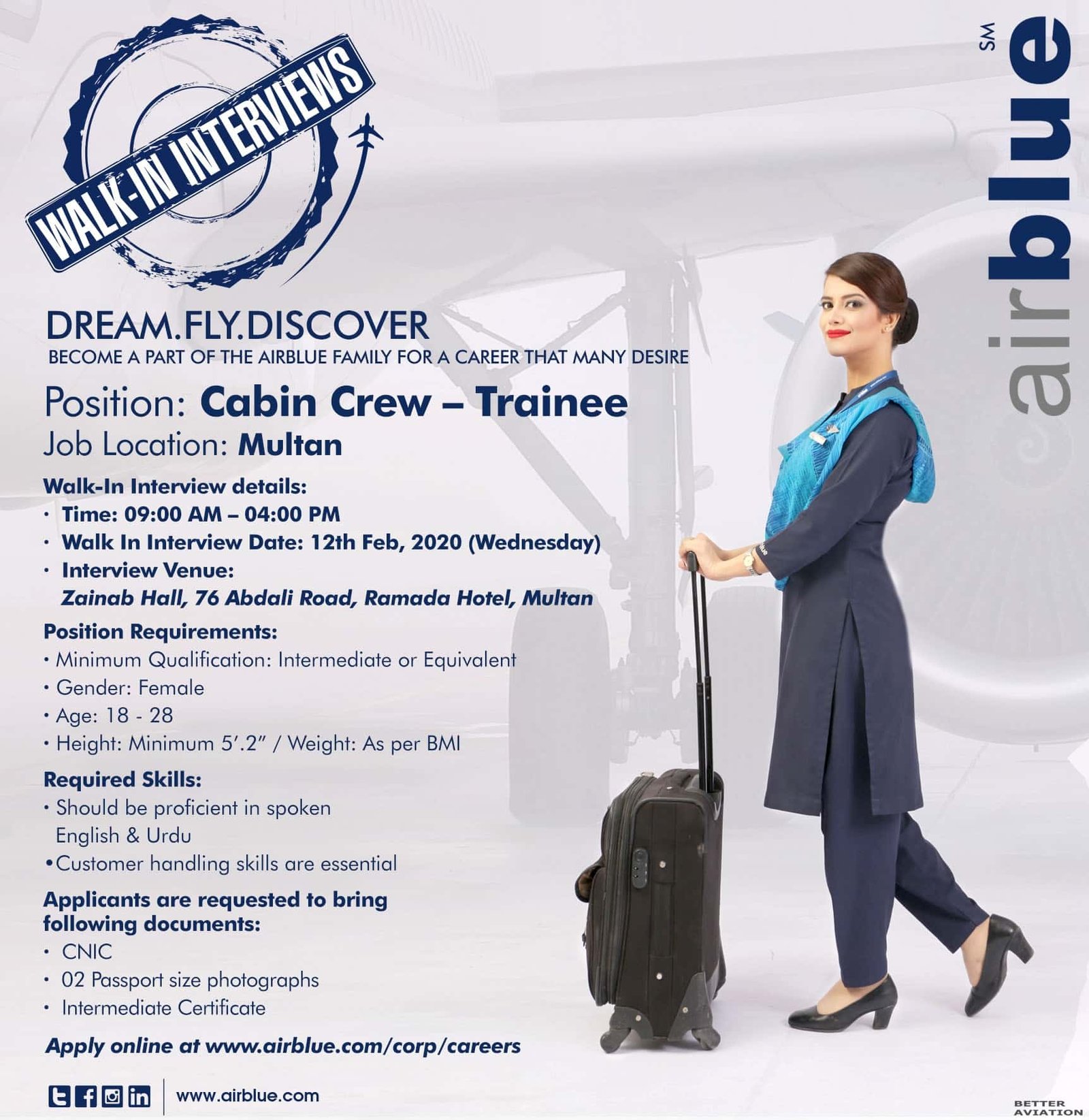 Air Blue Walk in Interview Jobs 2020 for Cabin Crew ...